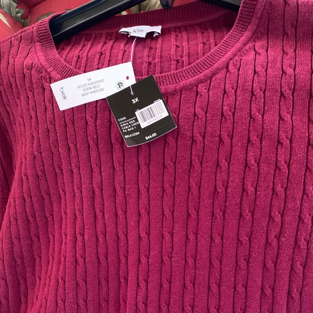 NWT WM’s Kim Rogers 3x plus cozy cable-knit cotton pullover sweater, sirin red.